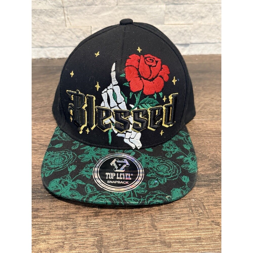 Top Level Snapback Hat "Blessed" Skeleton Hand Red Rose, Flora. - Brim Black Cap